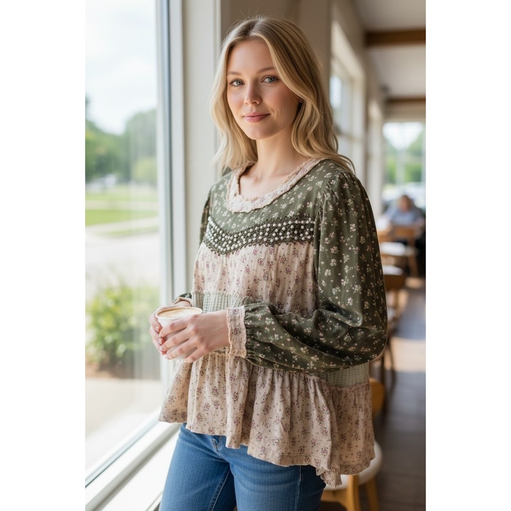 POL Mixed Floral Print Peplum Blouse Olive Beige Pearl Lace Boho Top UKT623 S